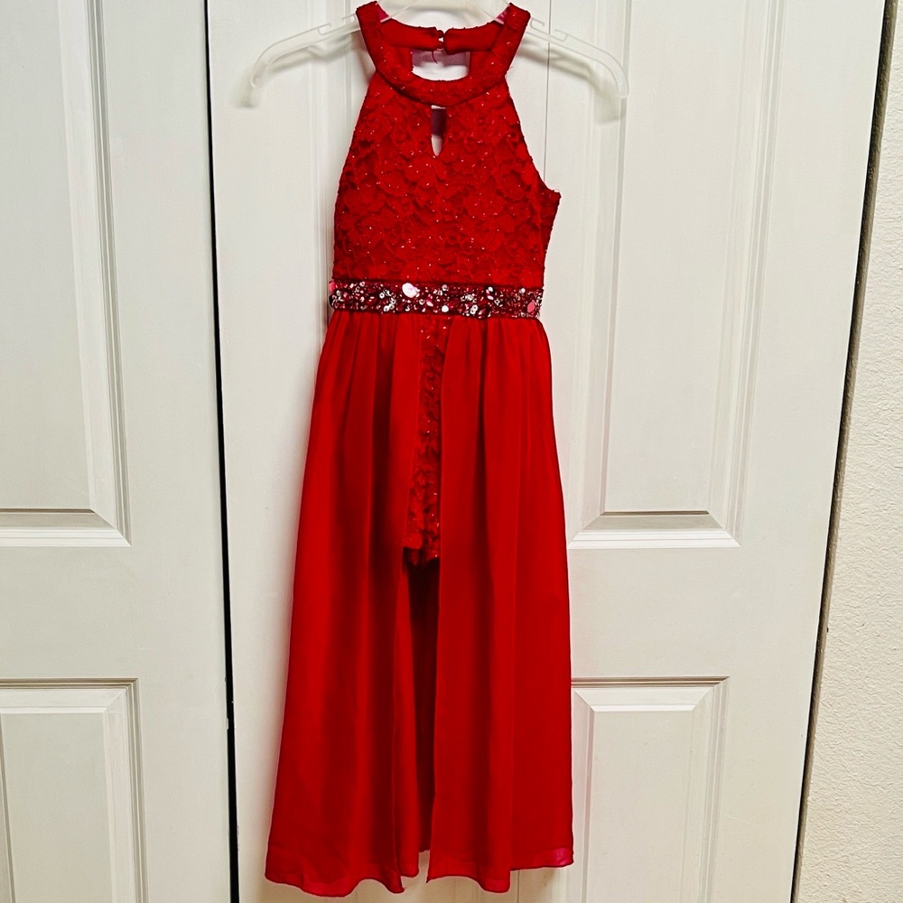 Xtraordinary Red Formal Kids Lace Sheer Jumper Dress Size 7